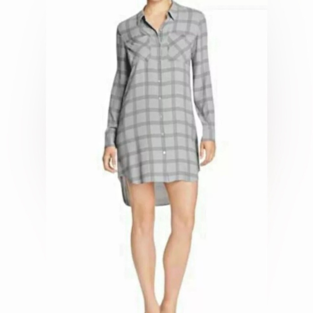 EILEEN FISHER Plaid Silk Georgette Crepe ASH Shirt Dress